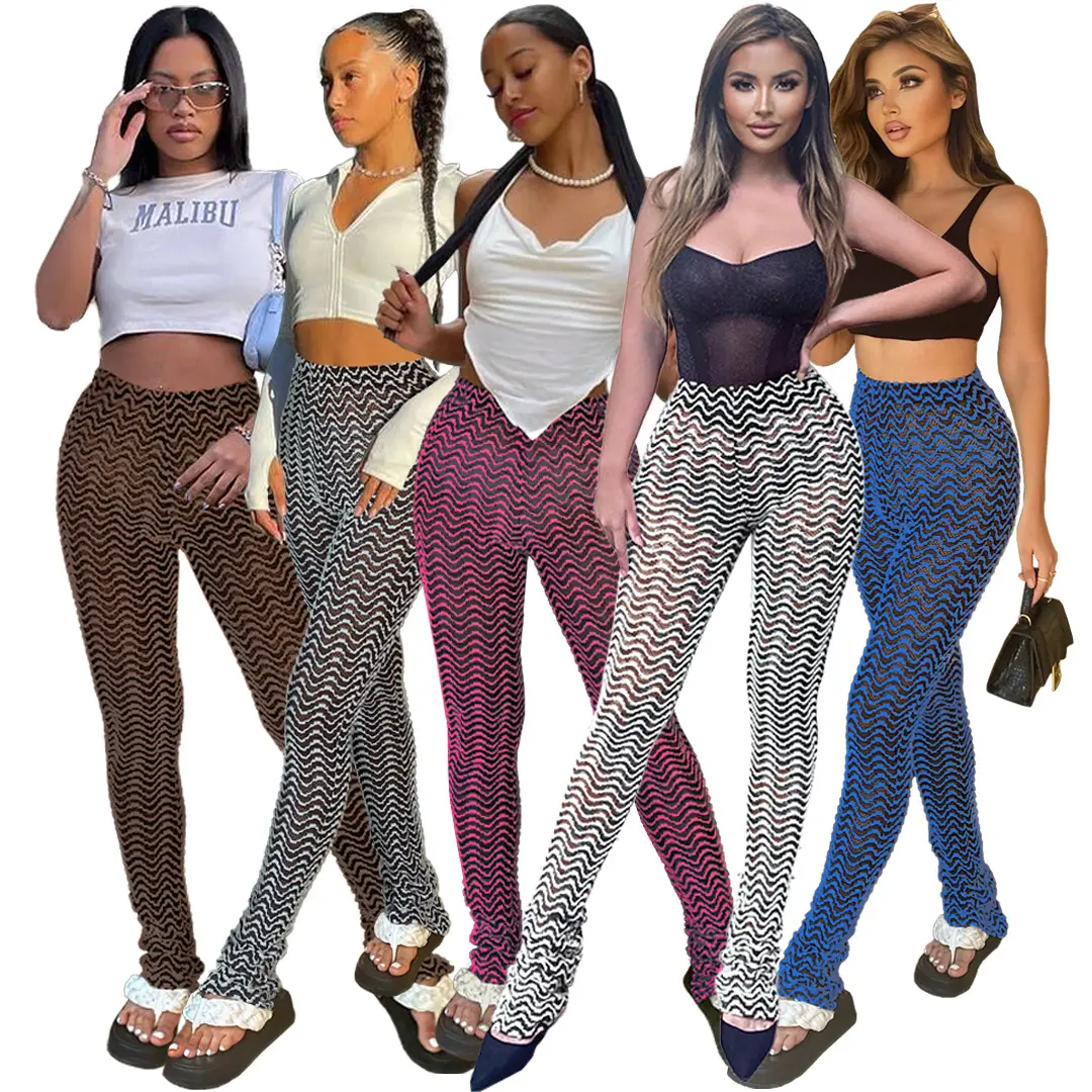 High Waist Wave Printing Women's Pants & Trousers Skinny Tight Casual Women Stacked Pants
