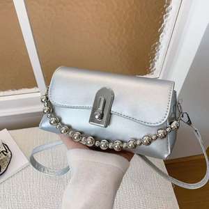 Femmes Cuir Boîte Sac Argent Perlé Poignée Épaule Crossbody Purse - Product Image 3