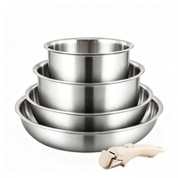 Ensemble de casseroles et poêles en acier inoxydable tri-couches pour camping-car, poignée amovible, sans revêtement, empilable, compatible induction