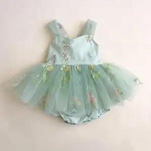2023 New Summer Custom Floral Embroidered Tulle Kids Party Wear Sweet Girl Romper Dress Tutu Dresses