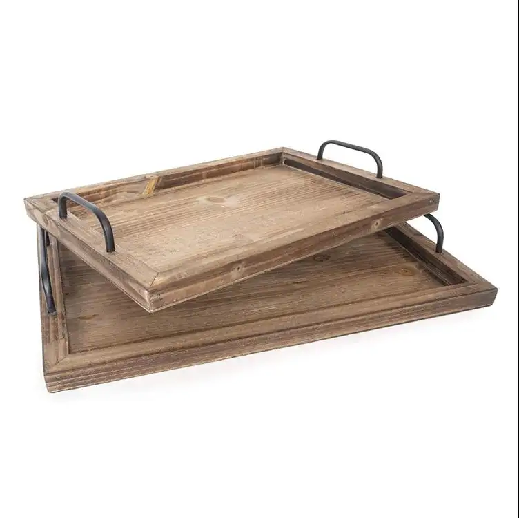 2021 Rustic Vintage Food Serving Trays Set of 2 Nesting Wooden Board with Metal Handles Stylish Farmhouse Decor wood tray