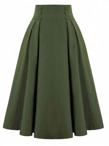 25 New European American Ebay Foreign Trade AliExpress Vintage Empire Button Anti-Wrinkle Plaid Mid-<b>Skirt</b> Polyester Women's - Product Image 3