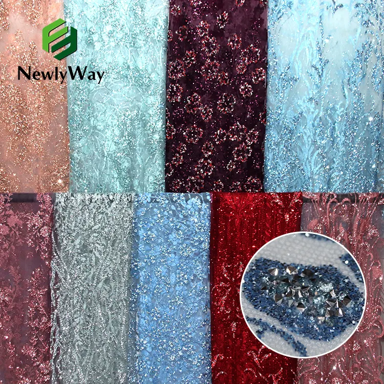 Custom Luxury Shiny Color Silver Base Diamonds Glitter Tulle Lace Fabric With Stones Beads For Wedding Bridal Dresses Gown