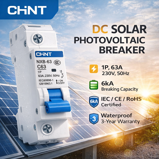 CHINT 230VDC 125A DC MCB Copper 10kA Breaking Capacity Rail Mounting Disjoncteur Moteur Solar PV Breaker CC Renewable Energy