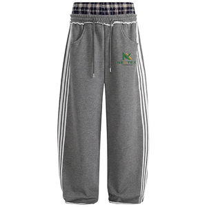 Pantalon de survêtement gris pour homme, taille à carreaux, bandes latérales, cordon de serrage, décontracté, élastique, respirant, mi-lourd, tricoté, 100 % coton - Product Image 1