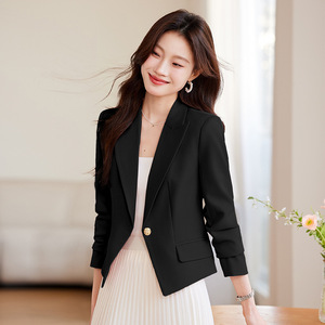 Black Blazer For Women Slim Fit Solid Color Polyester No-Wrinkle Treatment Spring Autumn Casual Wear - Product Image 1