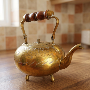 Vintage Brass Tea <b>Kettle</b> With Wooden Handle And Lid Water Pot Metal Design - Product Image 6