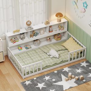 <span class=keywords><strong>Cama</strong></span> Montessori Moderna de Metal con Estantería, Estantes de Almacenamiento, Barandillas de Seguridad, Tamaño Personalizado, Camas Gemelas para Niñas y Niños - Product Image 2
