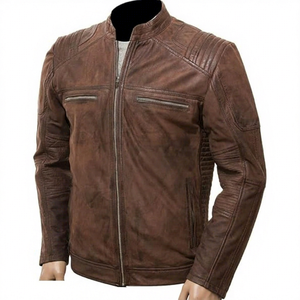 Veste moto en cuir véritable marron pour homme, col montant, fermeture éclair, coupe ajustée, style automne - Product Image 1