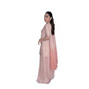 Elegante Salwar Kameez de Seda Rosa para Mujer, Estilo Indio, Largo hasta el Suelo, para Bodas, Corte Regular, Elástico - Product Image 1