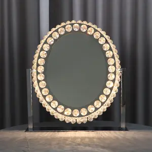 Iluminado Vanity Mirror Tabletop 3 Cores Luzes Maquiagem Espelho Hollywood Vanity Mirror Oval Cristal Aço Inoxidável Prata