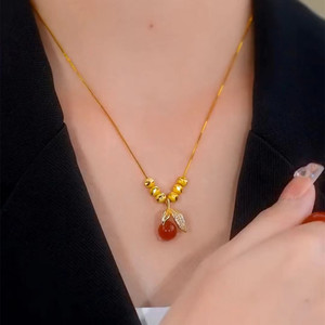 Titanium Steel Red Agate Lucky Bead Necklace For Women Fruit Shape Leaf Pendant Clavicle Chain Gift Fashion Jewelry - Product Image 2