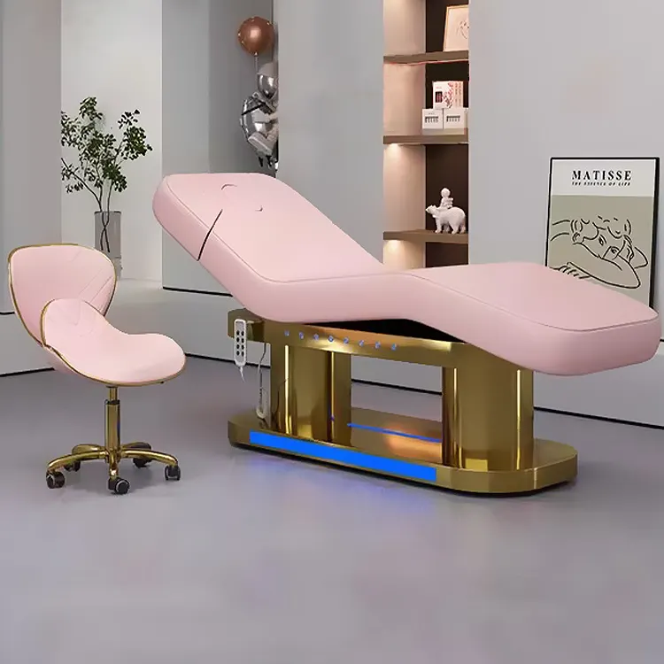 Luxe Roze Leer Goud Roestvrijstalen Basis 4 Motoren Lash Bed En Stoel Elektrisch Verstelbaar Massagebed Voor Salon