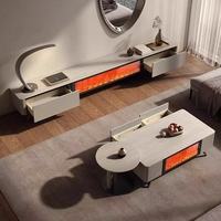 Meuble TV de style luxueux, table basse, armoire décorative haut de gamme en panneaux de bois, flammes 3D, salon, cuir brodé