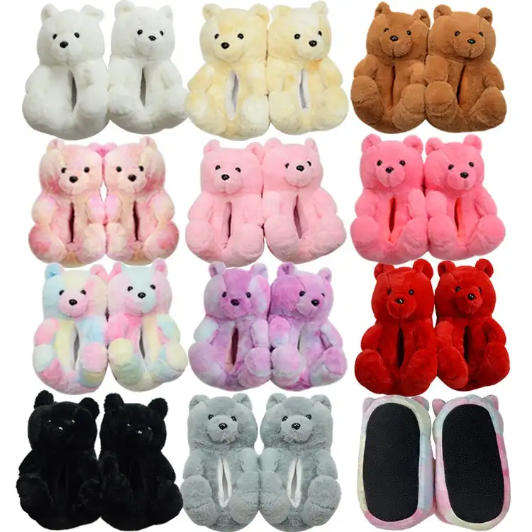One size home plush fur slippers female winter warm indoor animal shoes all color house teddy bear slippers for women girls
