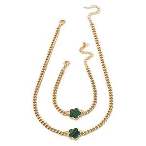 Wholesale Women's Bohemia Gold Plated Cuban Chain <b>Bracelet</b> Necklace <b>Set</b> Lucky Clover Flowers for Weddings Engagements Jewelry - Product Image 3