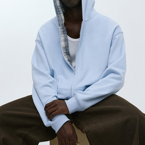 Sweat à capuche zippé entièrement doublé à carreaux, logo personnalisé, coupe ample, manches longues, streetwear décontracté, personnalisation en gros pour hommes - Product Image 6