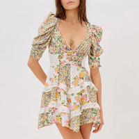 Dernières pièces en stock : Robe décontractée mini florale sexy à manches courtes et dos nu pour femme, style européen et américain, en liquidation