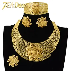 Gold 18K dubai jewelry sets gold plated necklace Floral Bridal 4Pcs Big Fashion Luxury Africa Jewelry Set