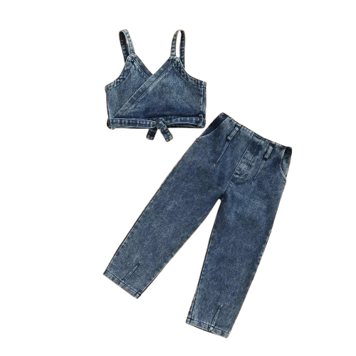 Summer Fashion Little Girls Clothes Sets Denim Strap Sleeveless V Neck Vest Tops High Waist Jeans Pants Kids Clothing