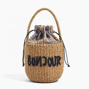 Sacola de tecido bolsa de palha saco tecido balde de férias de verão de palha eco friendly saco de cordão para as mulheres