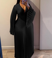 Vestido de Noche Elegante para Mujer, Talla Grande, Sexy, con Cuello en V Profundo, Pliegues de Acordeón, Manga Larga, Corte Ajustado, Vestidos Largos para Damas