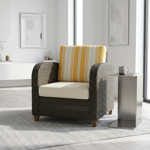 Outdoor Wood Garden <b>Chair</b> with Yellow Striped <b>Cushion</b> Contemporary Design Durable Frame Turned Legs for Living Room & <b>Dining</b> - Product Image 4