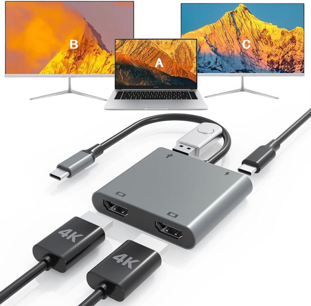 Fophmo USB-C Dual for Adapter 100W PD Charging Extend 2 Displays 4K 60Hz USB-A Port Video Splitters Converters Stainless