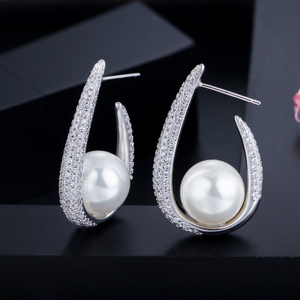 American Gold Plated Cubic Zirconia <strong>U</strong> <strong>Shape</strong> Hoop Bridal <strong>Earrings</strong> with Round Imitation Pearl Women <strong>Earrings</strong> Jewelry for Wedding - Product Image 5