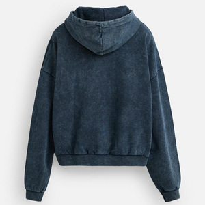 Snow Washed French Terry Distressed Embroidery Cropped Street Style Vintage Fashion Zippered Denim Hoodie <strong>Jacket</strong> for Men - Product Image 6