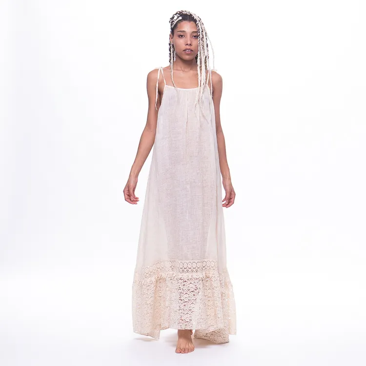 Hot summer ladies white cotton and linen sling super long mop dress beach dress pattern design dress
