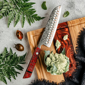 Grandsharp 7 pulgadas cocina Santoku cuchillo japonés 55 capas cobre Damasco acero Santoku cuchillos resina roja y mango de fibra de carbono - Product Image 4