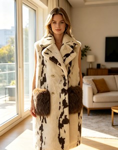 Gilet Lungo in Finta Pelliccia con Stampa Mucca da Donna, Gilet Invernale Senza Maniche con Colletto Blazer Doppiopetto e Tasche in Pelliccia Sintetica di <span class=keywords><strong>Visone</strong></span> - Product Image 2
