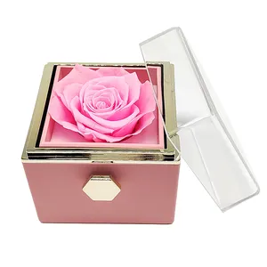 2023 new design wholesale custom square rotating immortal pink eternal life rose flower jewelry packaging gift box