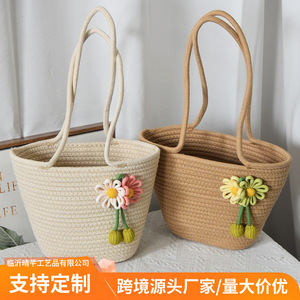 Woven Handbag Large Capacity Summer Tote Bohemian Style With Flower Stitching Horizontal <b>Square</b> Shape Everyday Use - Product Image 4