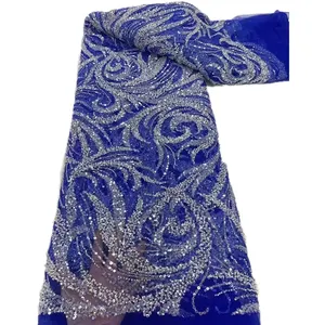 Afrika tül örgü işlemeli dantel kumaşlar pullu boncuklu dantel kumaş lüks moda gösterisi parti elbise için