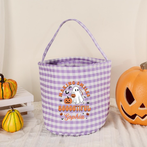 Personalizado Halloween Gingham Decoración Candy Basket Tote Plaid Cubo Bolso de lona para niños Trick Treat Party Regalos de Halloween - Product Image 4