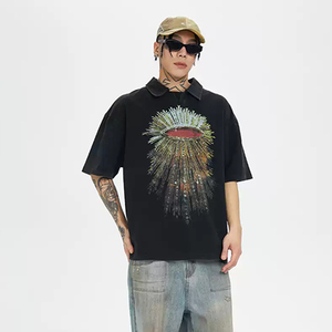 T-shirts en tricot surdimensionnés pour hommes vintage délavés à l'acide 100% coton respirant imprimés à l'écran à manches courtes - Product Image 2