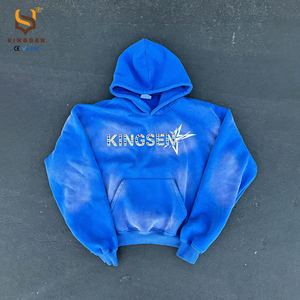 เสื้อฮู้ดดี้ผู้ชายสไตล์สตรีทแวร์แบบสั่งทำพิเศษ 350 500gsm ผ้าฝ้ายหนานุ่ม ซันเฟด แขนยาวปกติ ตัดสั้น ล้างสีแบบแอซิด ประดับคริสตัล - Product Image 1
