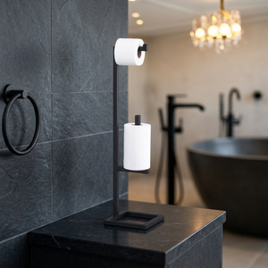 Modern Minimalist <b>Toilet</b> Paper Holder Black Metal Free Standing Countertop Bathroom <b>Accessory</b> Rectangular Design - Product Image 6