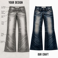 Jean en denim vintage personnalisé 15oz pour femme, coupe bootcut ample, avec applique étoile brodée, effet whiskers prononcé et délavé, idéal pour l'été