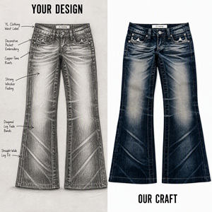 <span class=keywords><strong>Jean</strong></span> en denim vintage personnalisé 15oz pour <span class=keywords><strong>femme</strong></span>, coupe bootcut ample, avec applique étoile brodée, effet whiskers prononcé et délavé, idéal pour l'été - Product Image 1