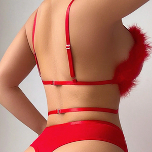 Ensemble soutien-gorge à armatures et culotte en peluche rouge, grande <span class=keywords><strong>taille</strong></span>, lingerie érotique avec <span class=keywords><strong>porte</strong></span>-jarretelles, prêt à expédier, dropshipping - Product Image 4