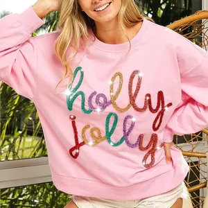 Groothandel Kerst Sweatshirts Borduurwerk Sparkle Holly Jolly Lange Mouw Oversized Geborduurde Ronde Hals Sweatshirt Voor Vrouwen