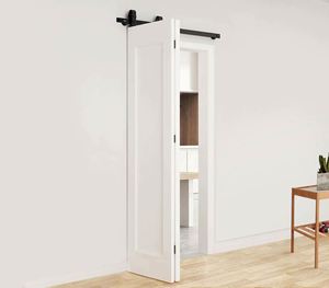 WEKIS Heavy Duty Durable Industrial Brass Black Track Top Mounted Bi-Folding Barn Door Hardware <b>Kit</b> with Roller for Kitchen - Product Image 6