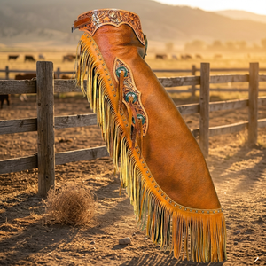 CLOSITWEAR Chaps d'équitation en cuir véritable, nouveau style western à franges, style cowboy, pour la lutte contre les taureaux, taille haute, longueur intégrale, avec boucle - Product Image 2