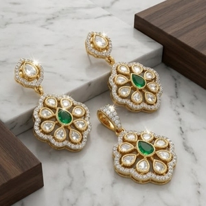 925 Silver <b>Emerald</b> Kundan Polki <b>Pendant</b> Set with Earrings Gold Designer Diamond Cut Wedding Jewelry For Women - Product Image 4