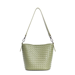 Genuine Full-Grain Leather Woven Shoulder Bag – Pale Olive Green with Metal D-<b>Ring</b> Hardware, Multi-Color Options, Custom Factory - Product Image 1