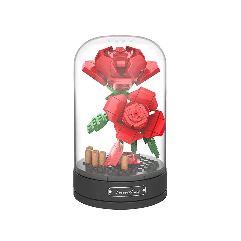 Blok bangunan bunga 159 buah DIY mawar kreatif merakit kotak musik romantis buket Dekorasi Hari Valentine hadiah mainan