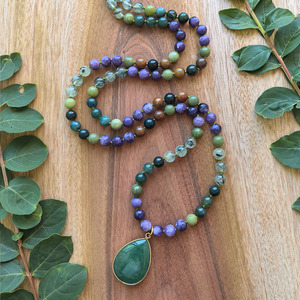 สร้อยคอหยกมอสธรรมชาติ, พรีไนต์, หยกเขียว, สร้อยมาลา <span class=keywords><strong>108</strong></span> เม็ดผูกด้วยมือ, เครื่องประดับสำหรับการทำสมาธิ, คริสตัลบำบัดสไตล์โบโฮ, ของขวัญสำหรับโยคะและการสวดมนต์ - Product Image 2